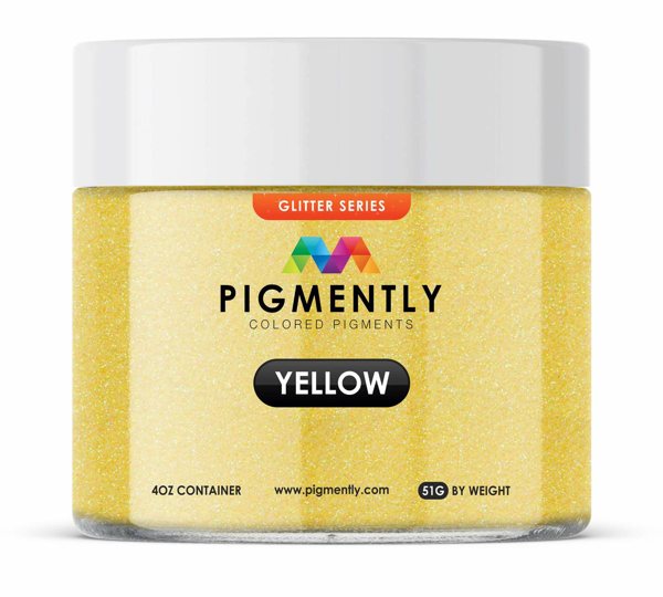 A sealed container of Pigmently's Yellow Glitter Pigment, seen from the front to show the label.