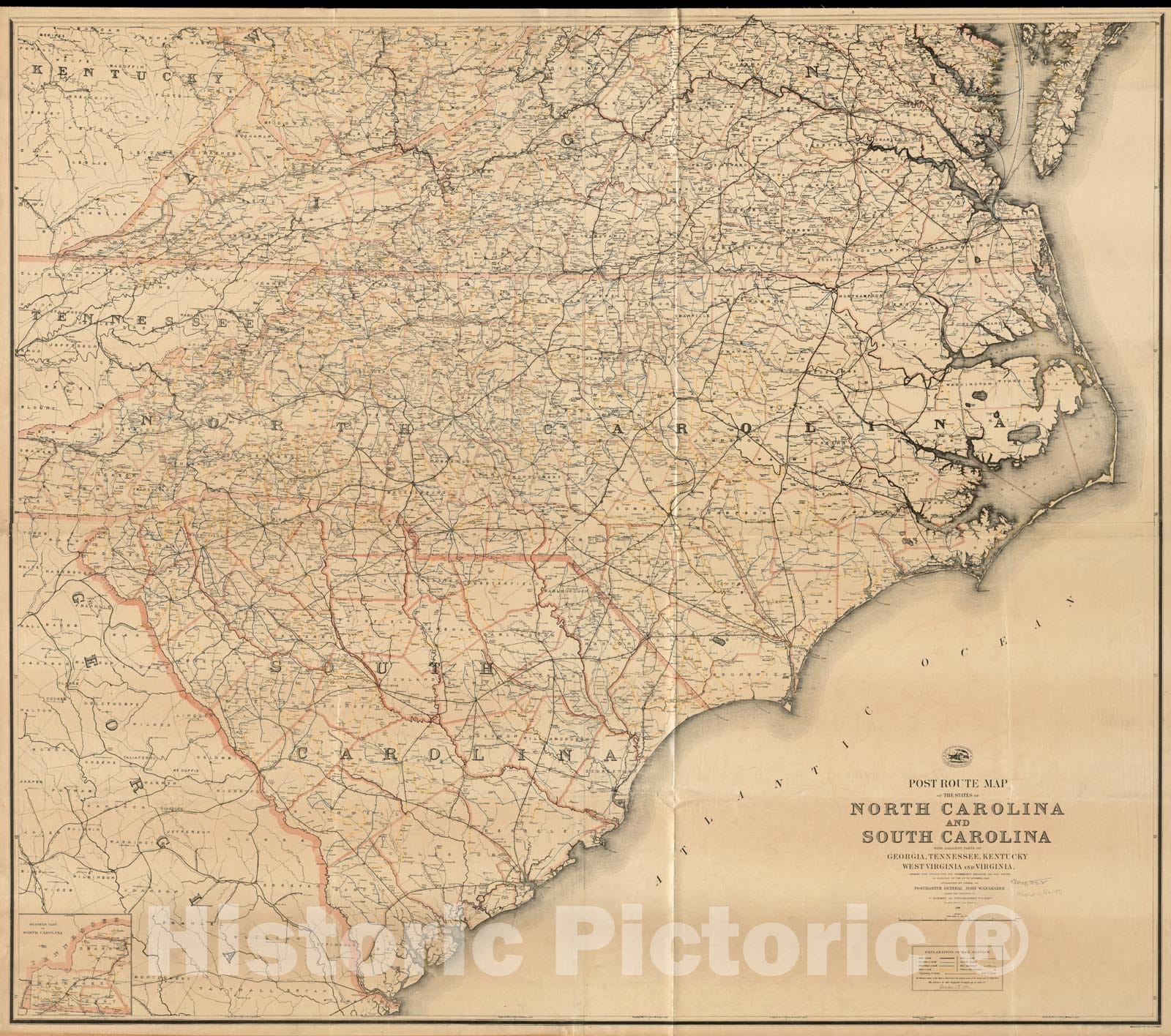 Map Of Tennessee North Carolina And South Carolina Historical Map, Post Route Map Of The States Of North Carolina And Sou -  Historic Pictoric