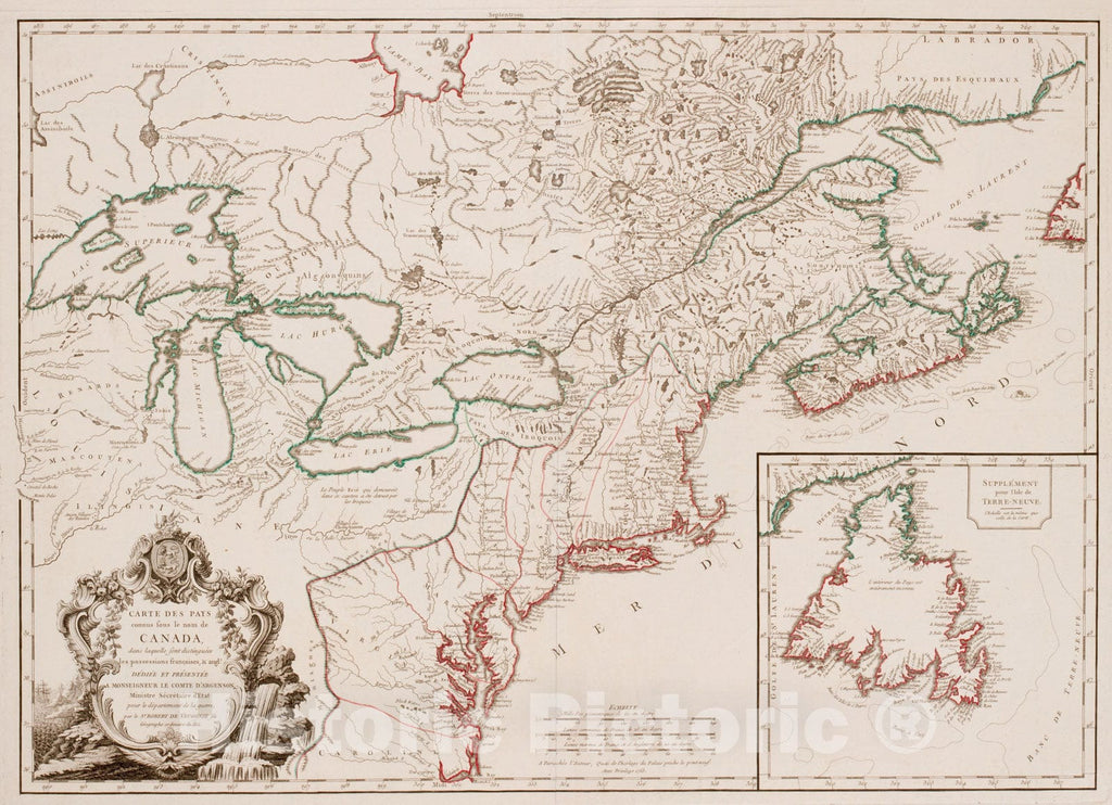 Historical Map, 1753 Carte des pays connus sous le nom de Canada, dans laquelle sont distinguees les possessions francoises, et angl?, Vintage Wall Art