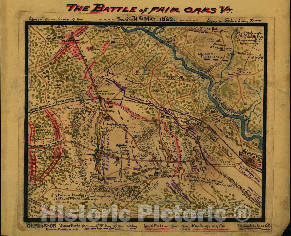 Historic 1862 Map - The Battle of Fair Oaks, Va. Fought 31st May 1862 ...