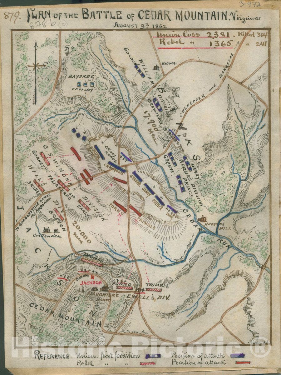 Historic 1862 Map - Plan of The Battle of Cedar Mountain, Virginia, Au ...