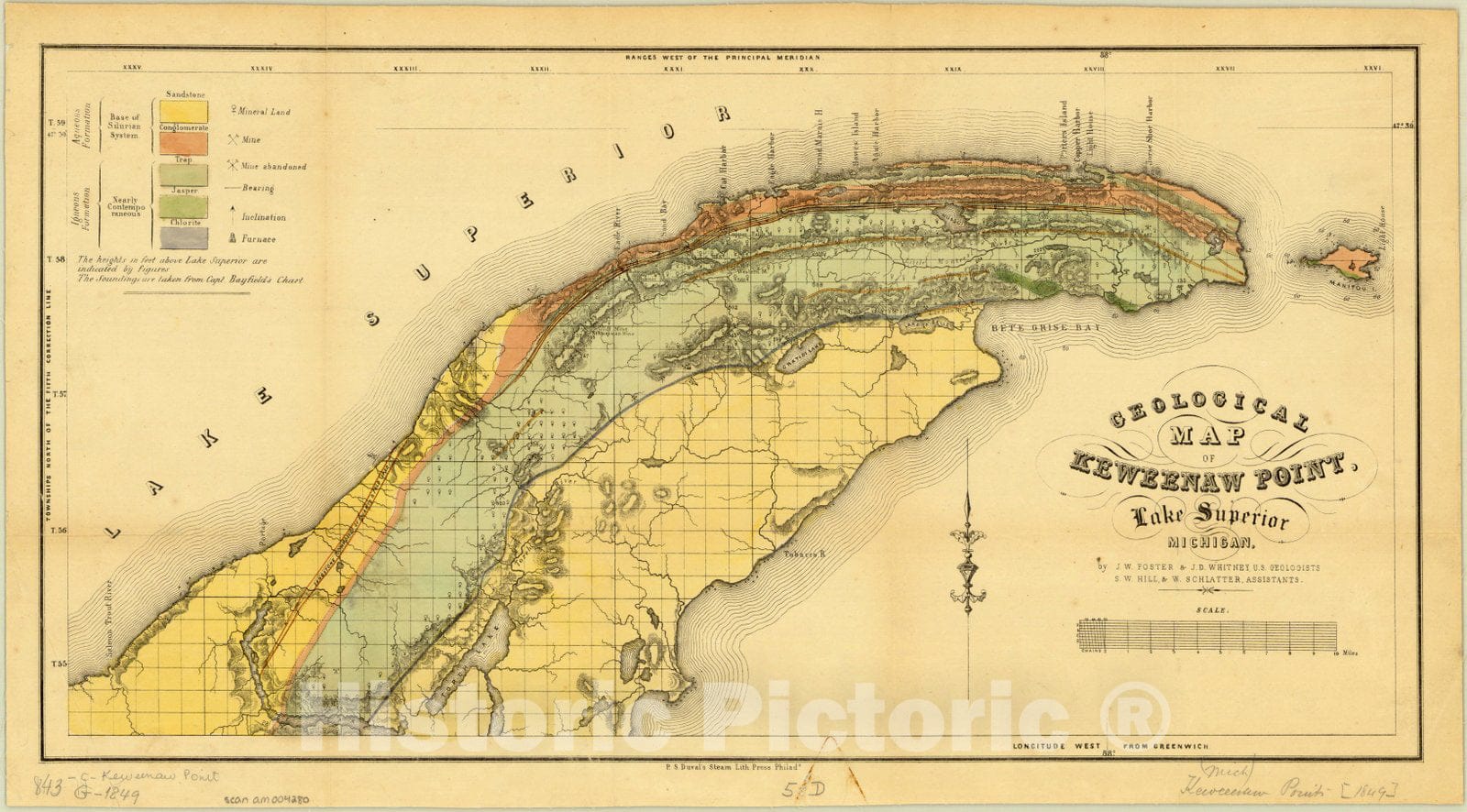 Map : Keweenaw Peninsula, Michigan 1849 3, Geological map of Keweenaw 