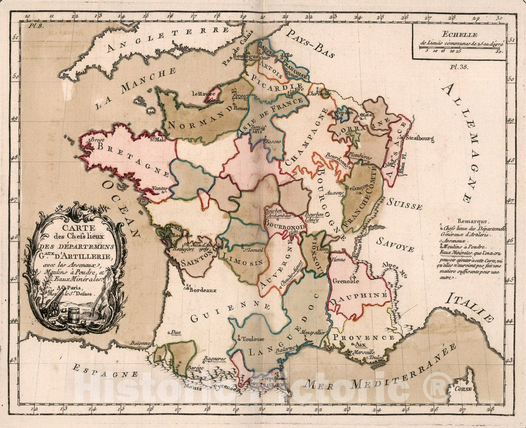 Historic Map : Carte des Chefs lieux des departemens Aaux. d'Artilleri ...