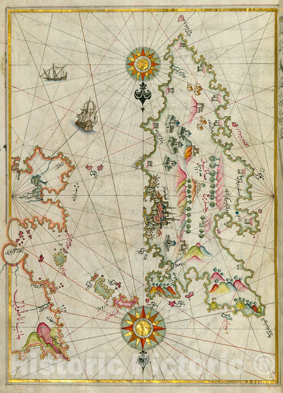 Historic Map : fol. 73a Detail of the island of Chios with its fortres ...