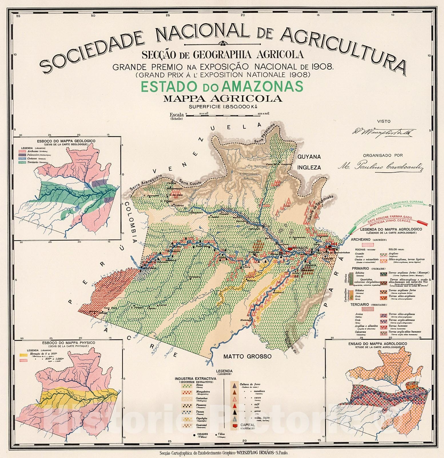 Historic Map Estado Do Amazonas Mappa Agricola 1908 Vintage Wall Historic Pictoric 8924