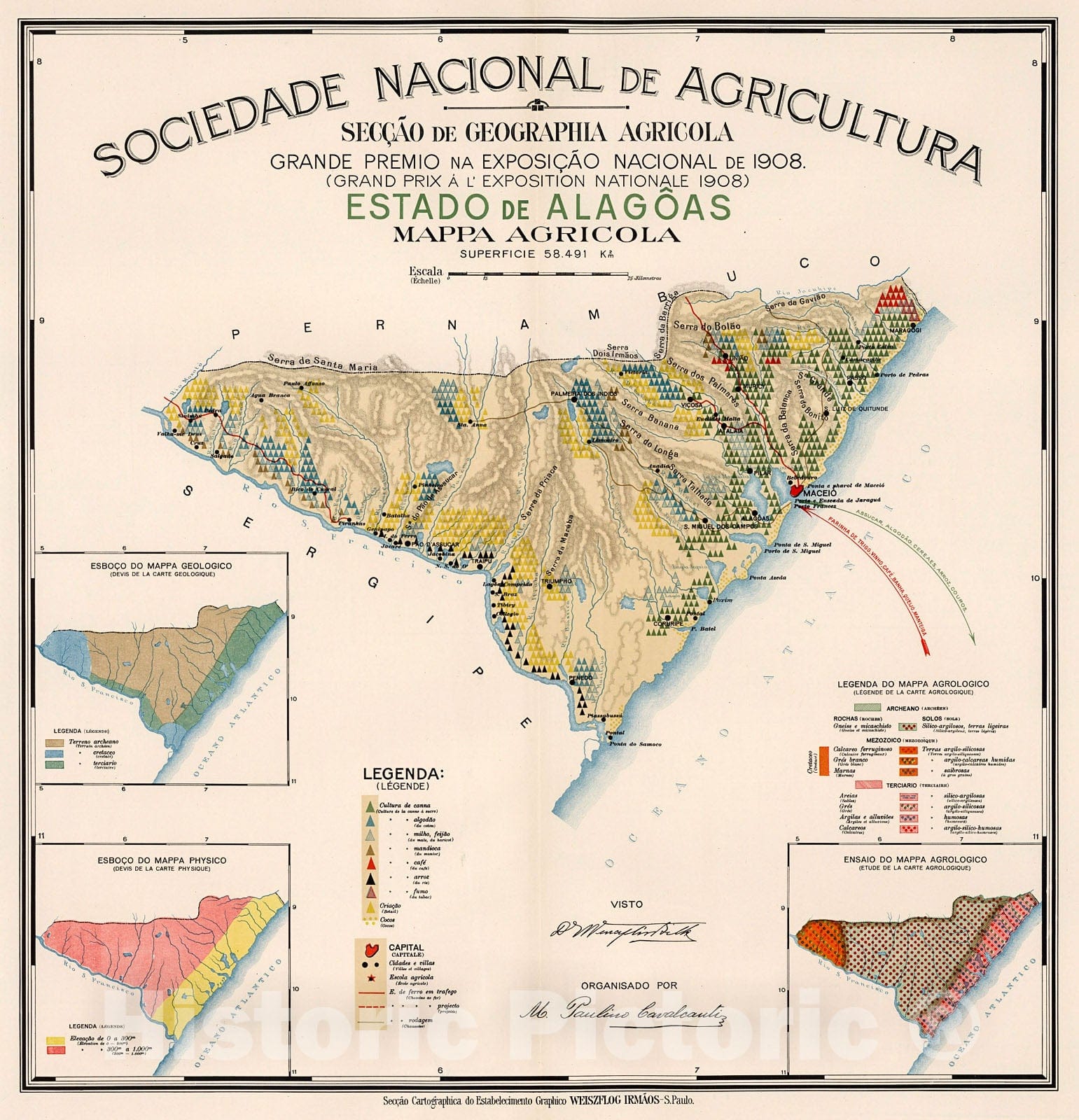 Historic Map Estado De Alagoas Mappa Agricola 1908 Vintage Wall Historic Pictoric 8076