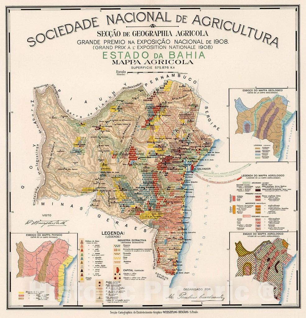 Historic Map Estado Da Bahia Mappa Agricola 1908 Vintage Wall De Historic Pictoric 5300