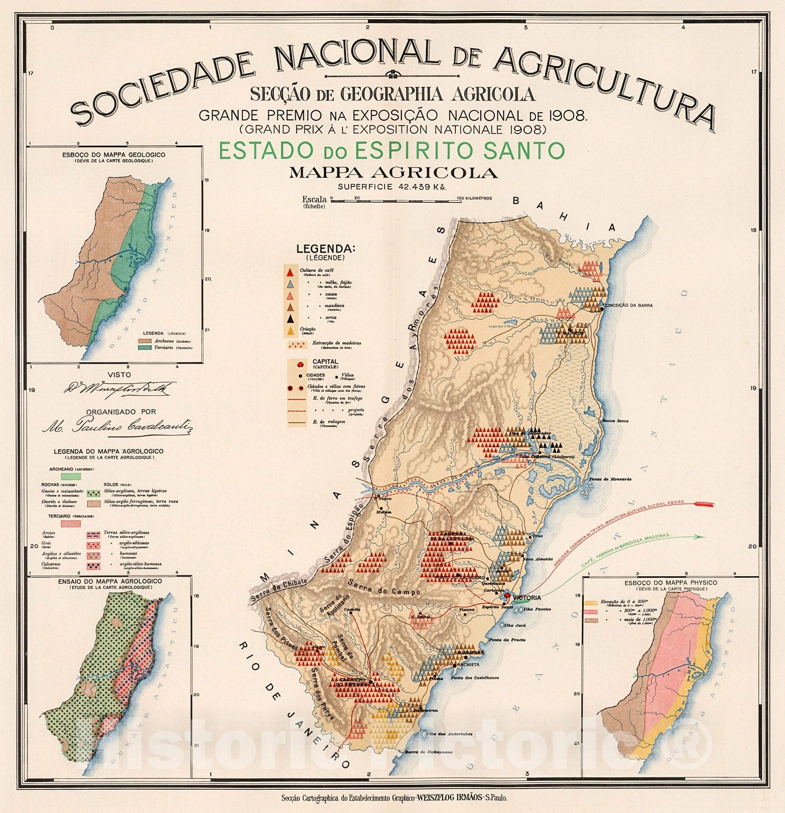 Historic Map Estado Do Espirito Santo Mappa Agricola 1908 Vintag Historic Pictoric 1596