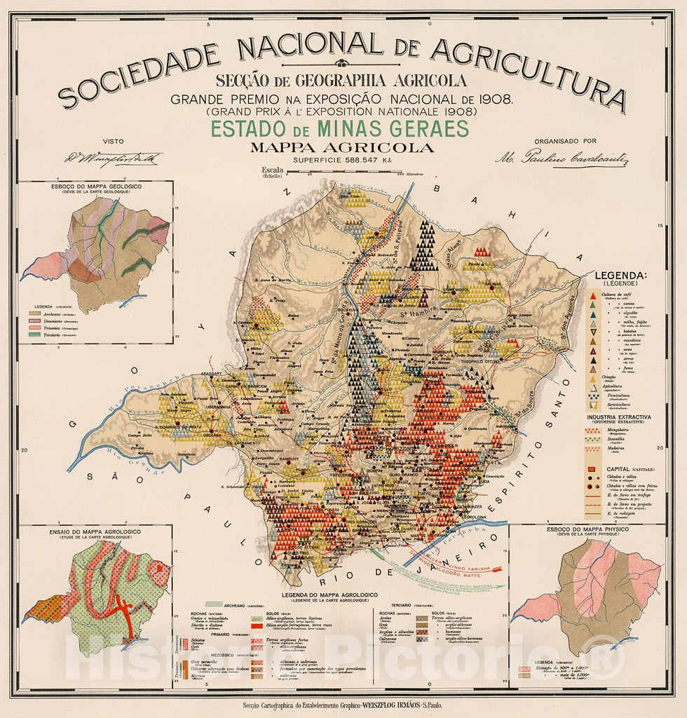 Historic Map Estado De Minas Geraes Mappa Agricola 1908 Vintage Historic Pictoric 7572