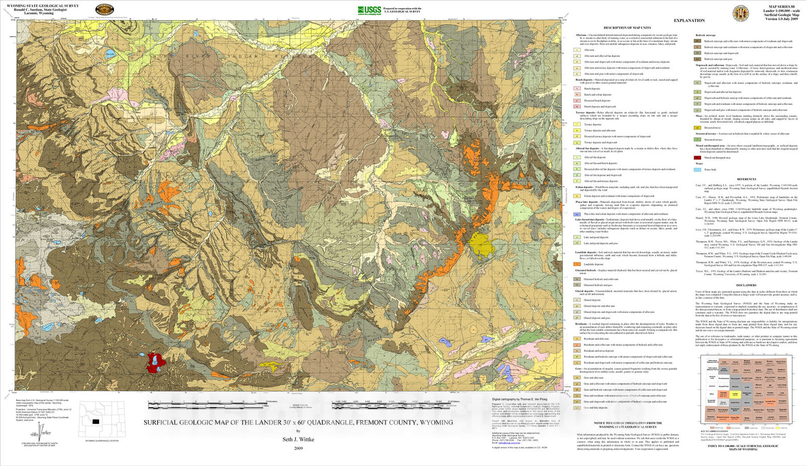 Map Surficial Geologic Map Of The Lander 30 X 60 Quadrangle Fremo Historic Pictoric 9581