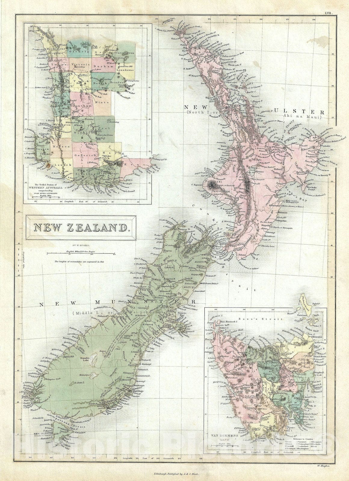 Historic Map New Zealand Black 1851 Vintage Wall Art Historic Pictoric 7872