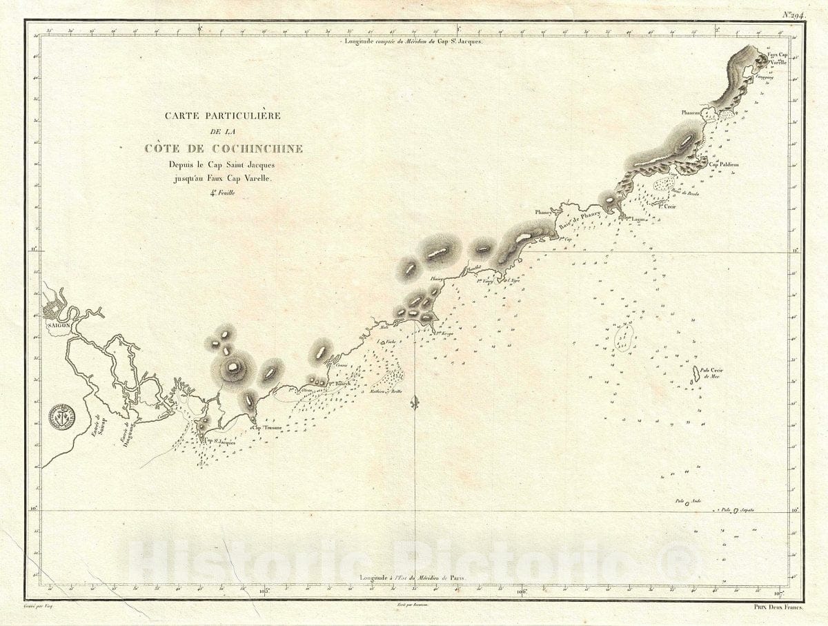 Historic Map : Depot de la Marine Nautical Chart or Map of The Coast of Vietnam (Saigon to Cam Ranh), 1830, Vintage Wall Art