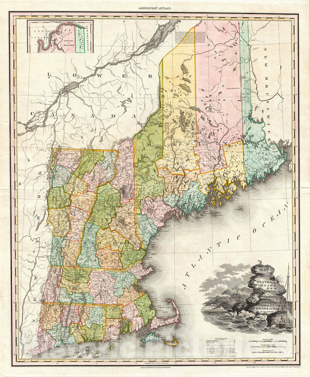 Historic Map : Tanner Map of New England: Massachusetts, Connecticut, Maine, New Hampshire, Vermont, 1825, Vintage Wall Art