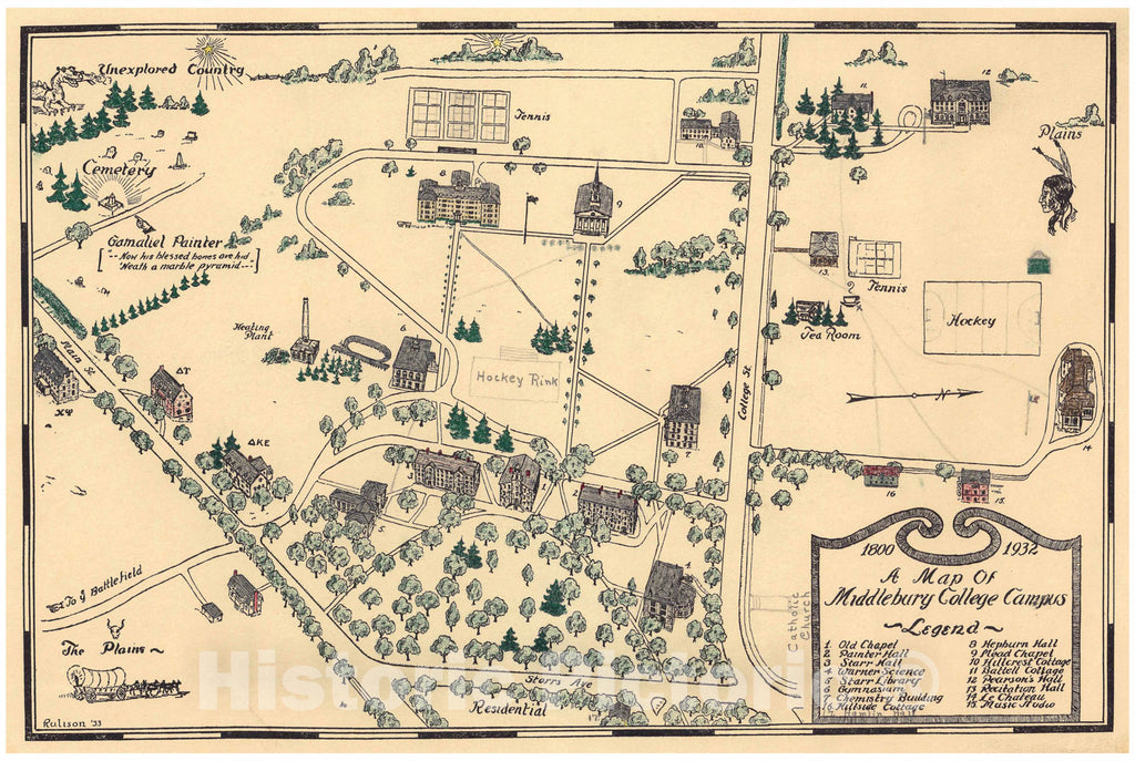 Historic Map -, 1800-1932. A map of Middlebury College campus - Vintage Wall Art