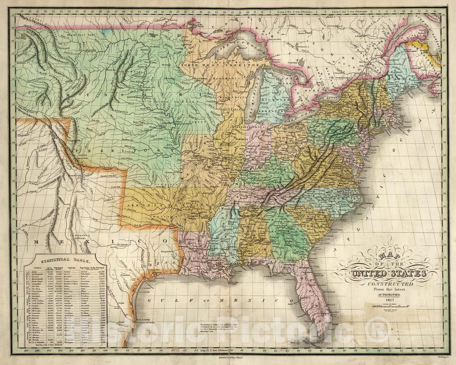 Historic Map United States 1827 Vintage Wall Art Historic Pictoric 8268