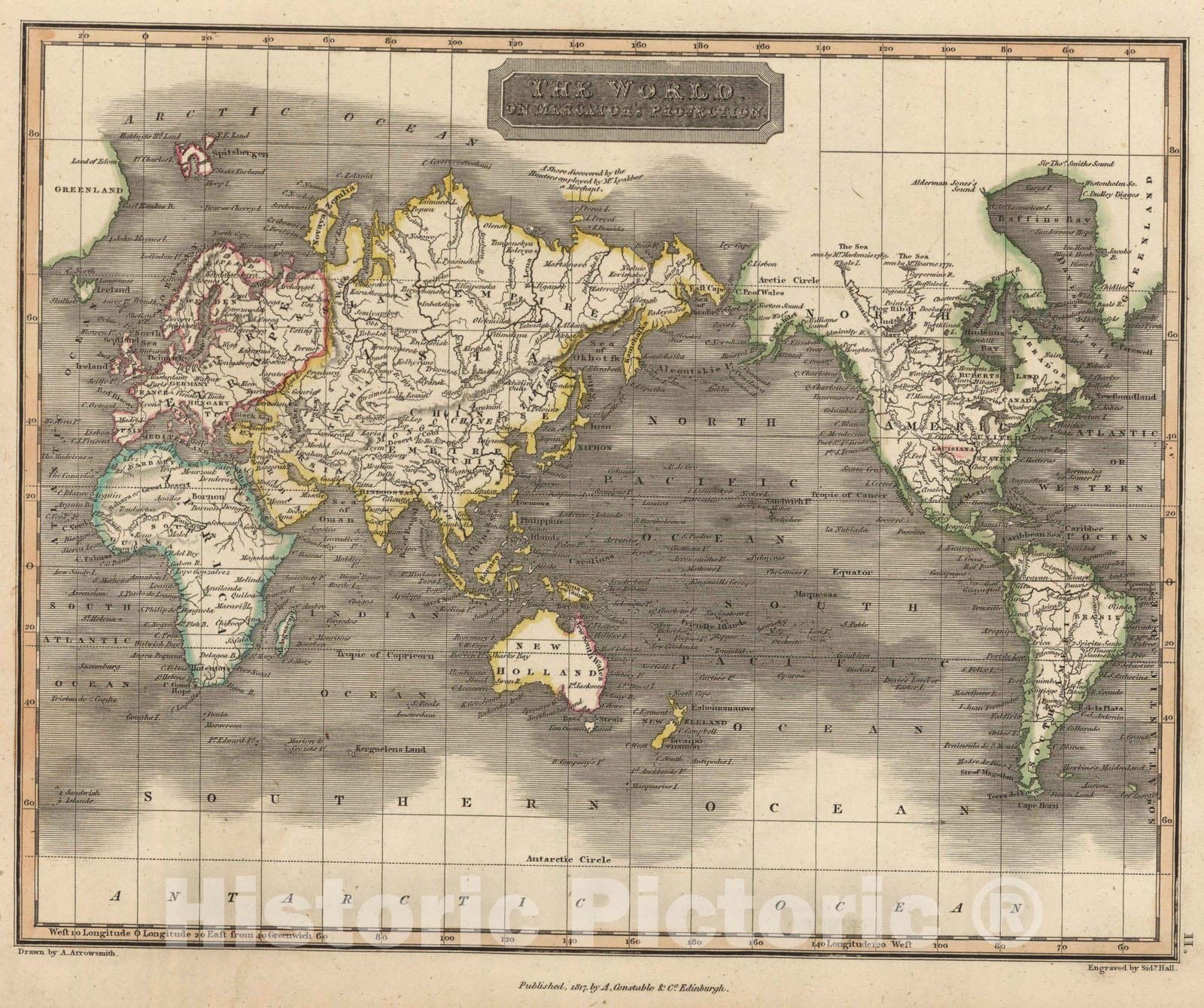 Historic Map 1817 The World On Mercators Projection Vintage Wall