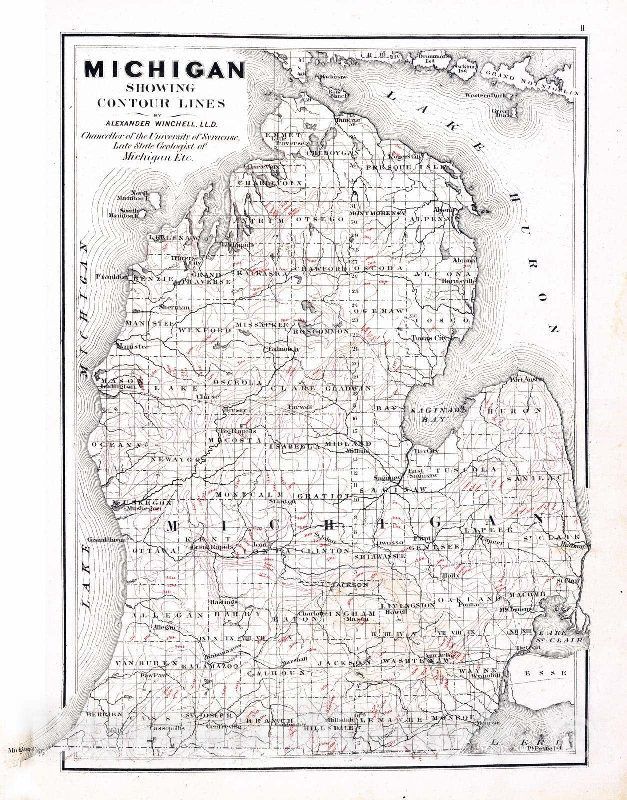 Historic Map 1873 Michigan Showing Contour Lines Vintage Wall Art Historic Pictoric 8989