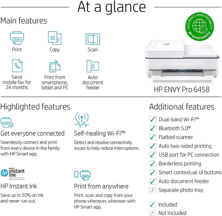 Hp Envy Pro 6458 All In One Color Inkjet Printer Copy Scan Mobile F — Neego 8883