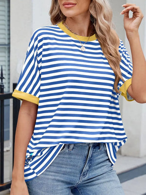 Striped Round Neck Half Sleeve T-Shirt - Beauty & Grace Boutique