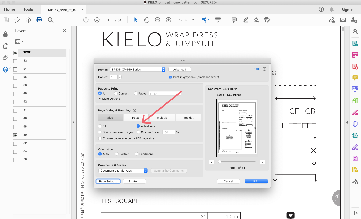 Printer settings for a PDF sewing pattern