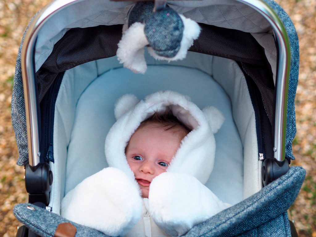 Close up of baby Freddie in the Ocarro Moon carrycot, he is wrapped up in a furry pramsuit.