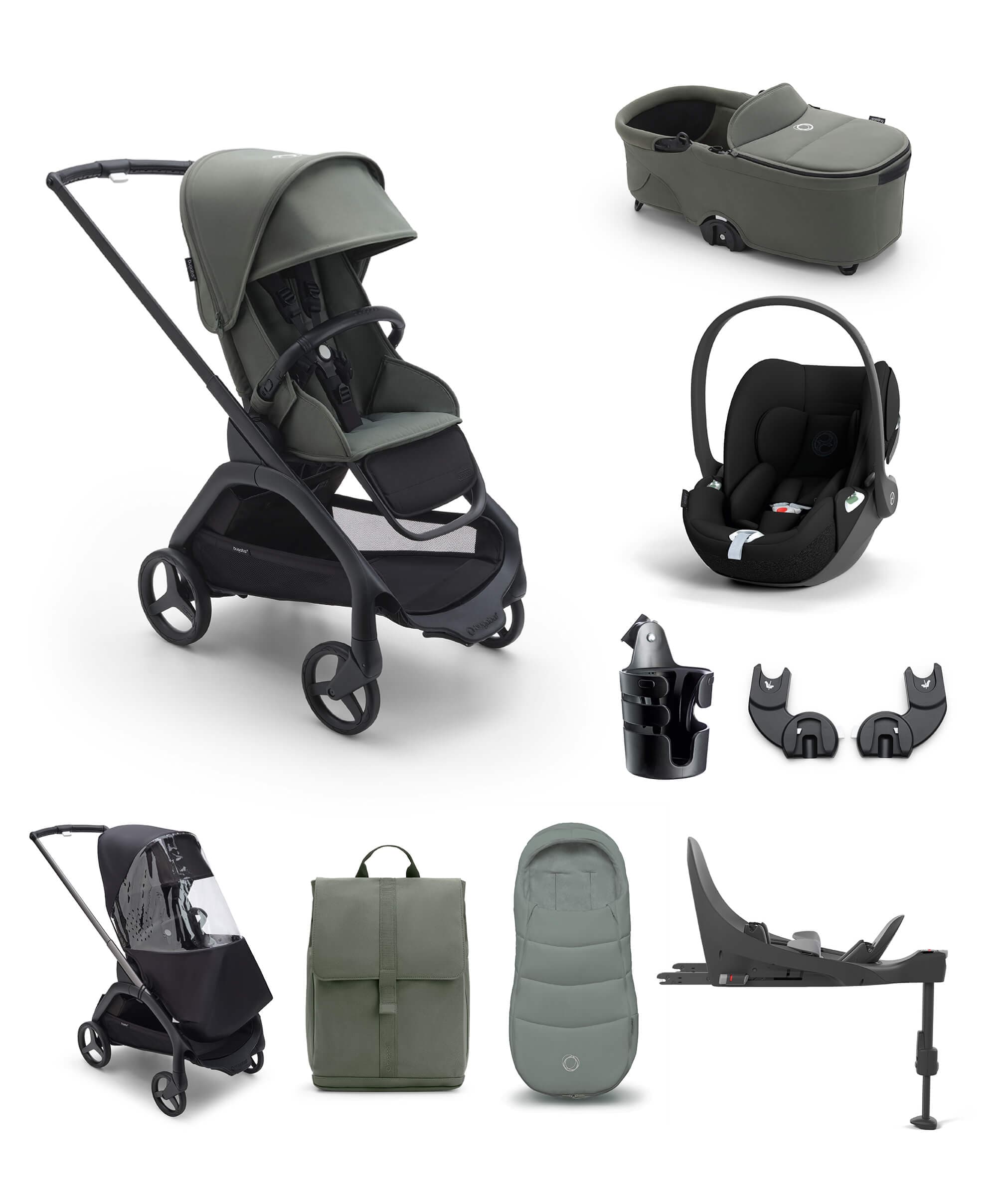 Bugaboo Dragonfly Ultimate 9 Piece Bundle with Cloud T Car Seat and Base in Forest Green / Black