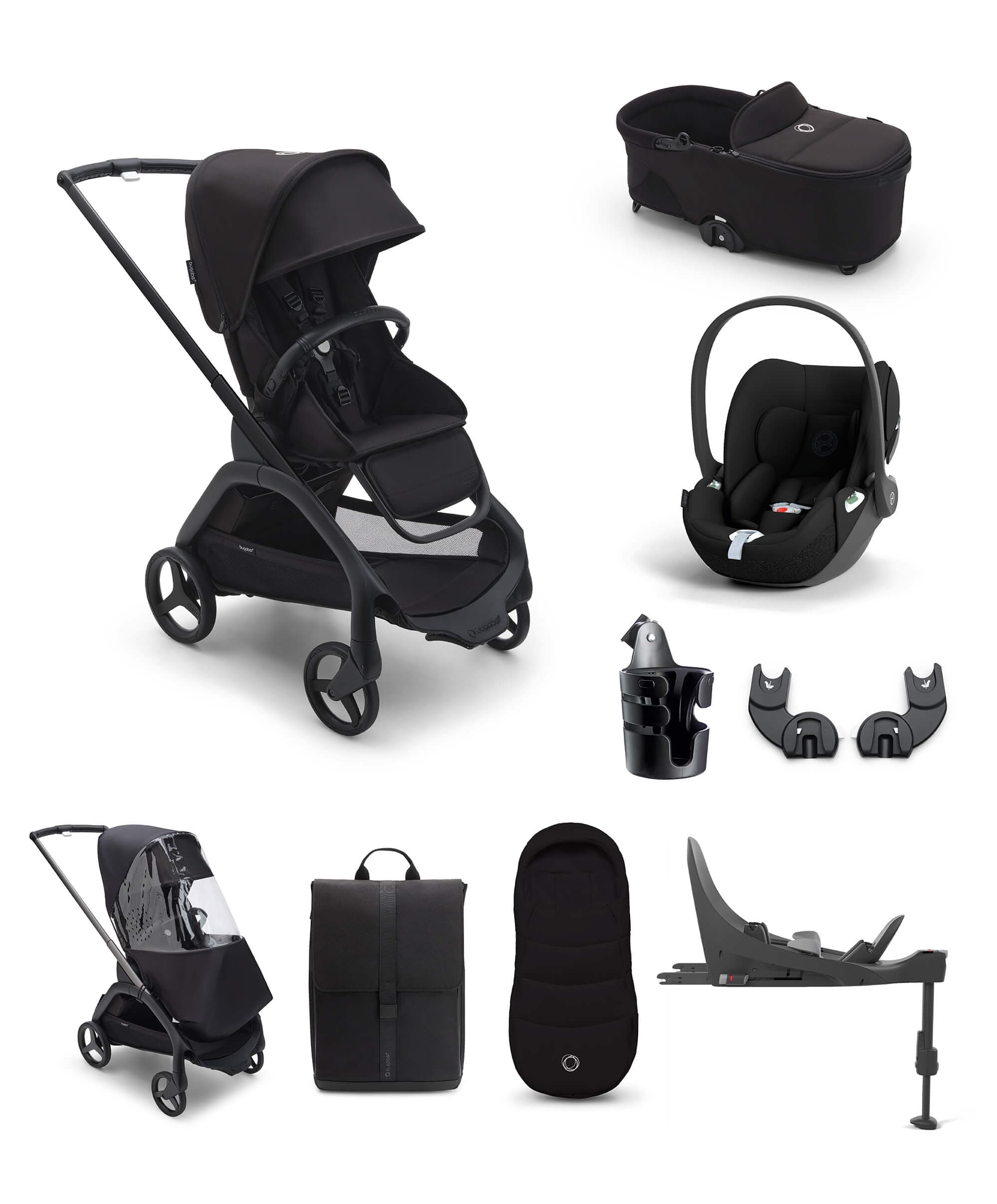 Bugaboo Dragonfly Ultimate 9 Piece Bundle with Cloud T Car Seat and Base in Midnight Black