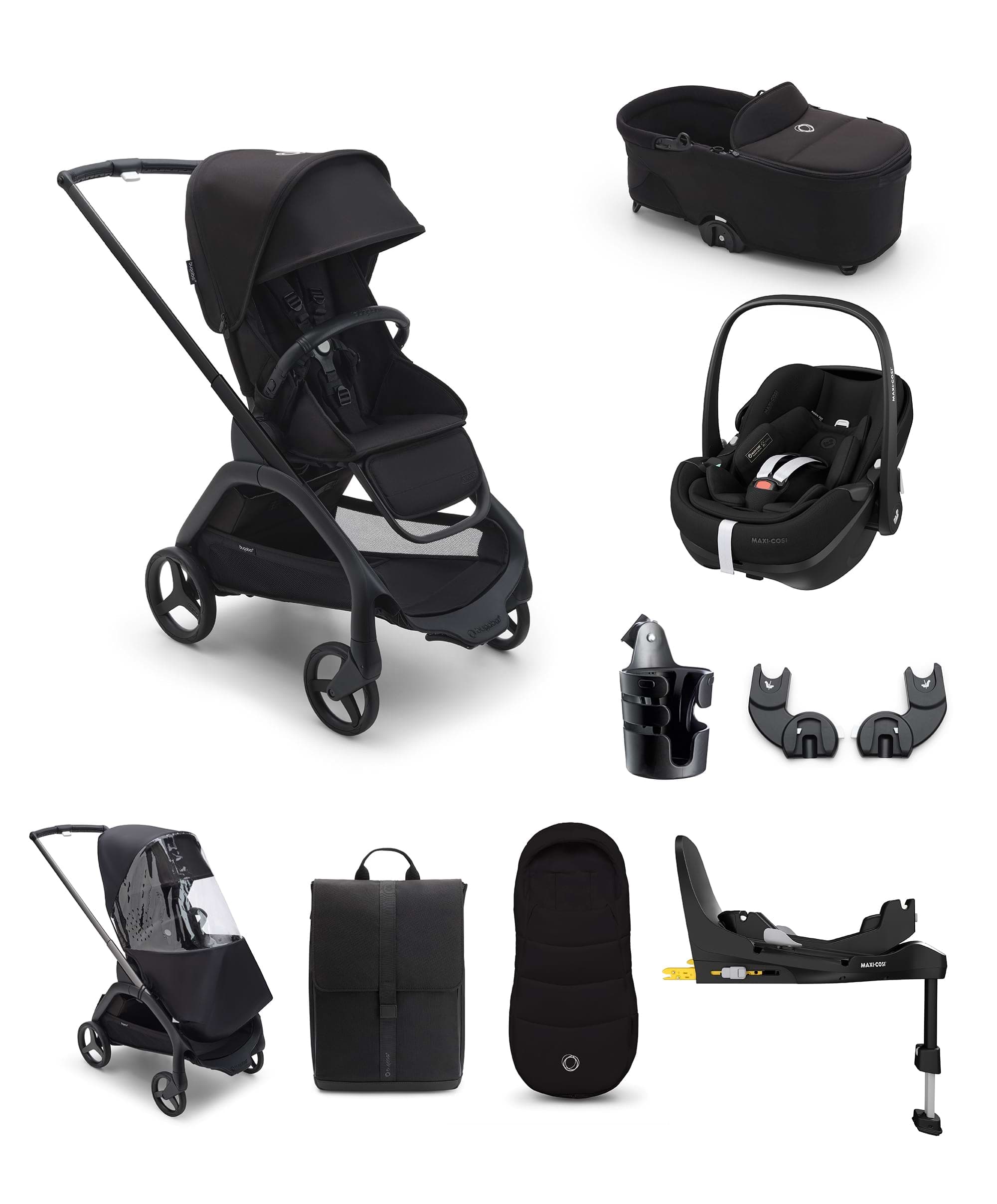 Bugaboo Dragonfly Ultimate 9 Piece Bundle with Maxi Cosi Pebble Pro 360 Car Seat and Base in Black