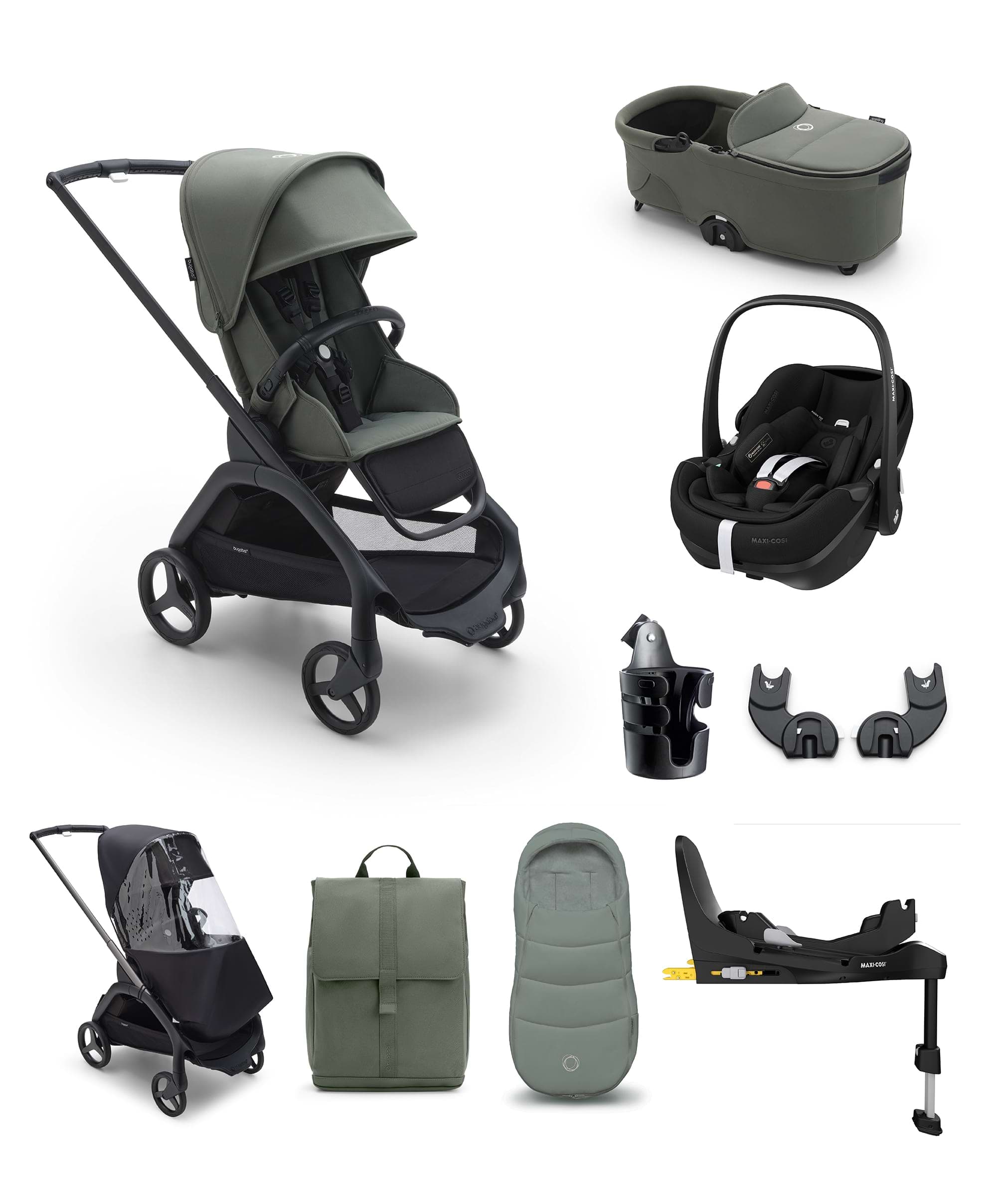 Bugaboo Dragonfly Ultimate 9 Piece Bundle with Maxi Cosi Pebble Pro 360 Car Seat and Base in Black a