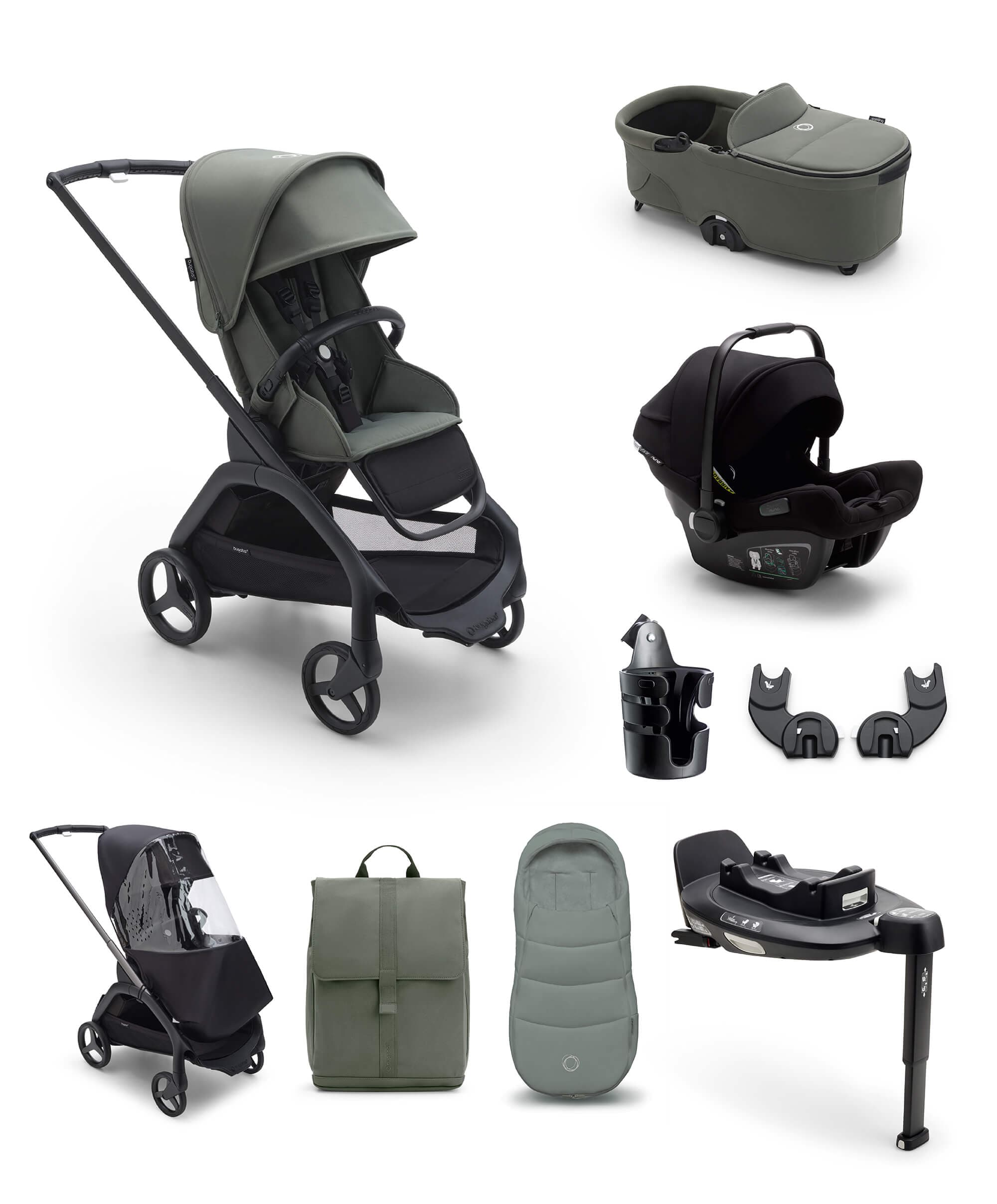 Bugaboo Dragonfly Ultimate 9 Piece Bundle with Nuna Turtle Air 360 Car Seat and Base in Forest Green