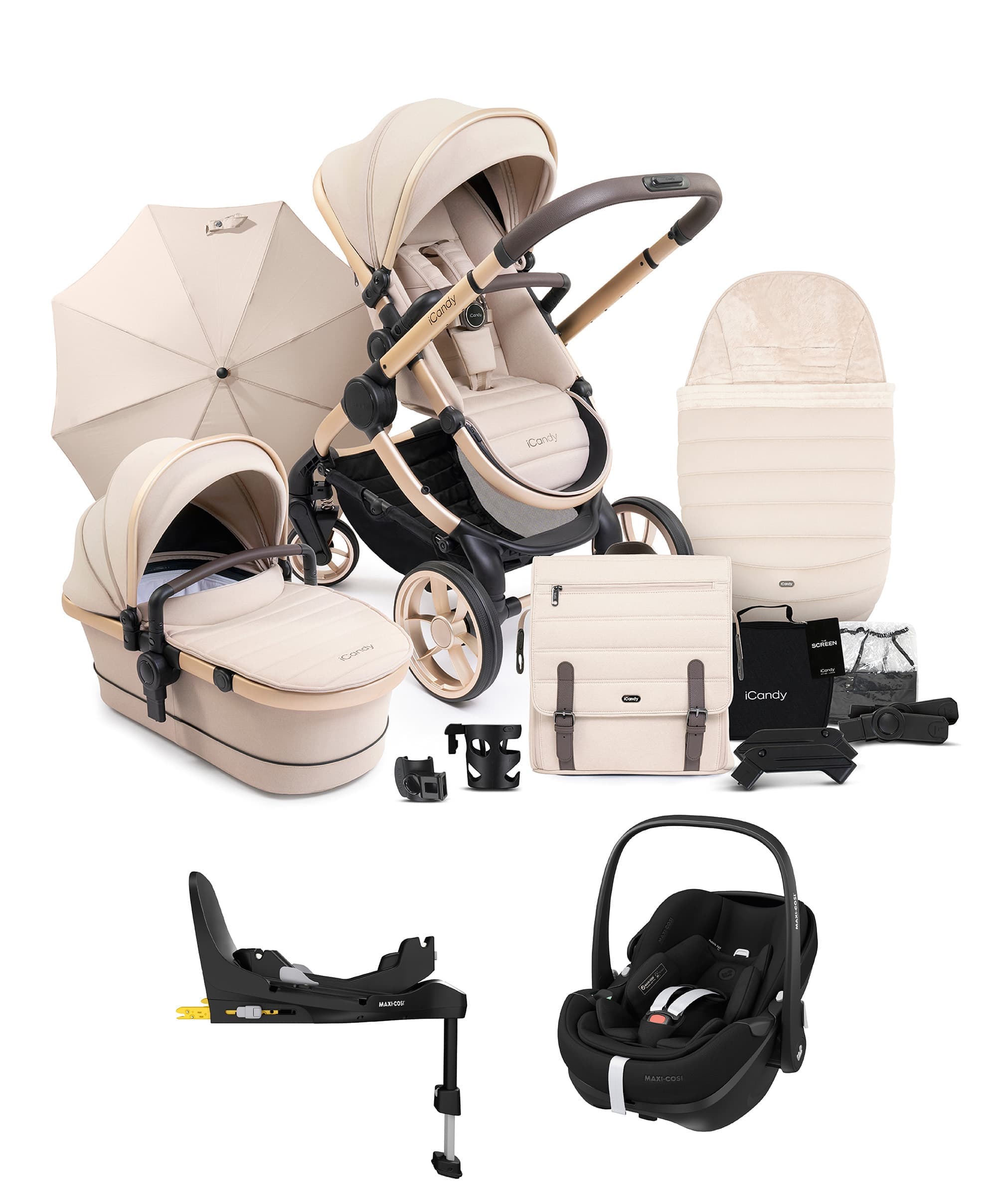 iCandy Peach 7 Complete Pushchair Bundle with Maxi-Cosi Pebble 360 Pro Car Seat & Base - Biscotti
