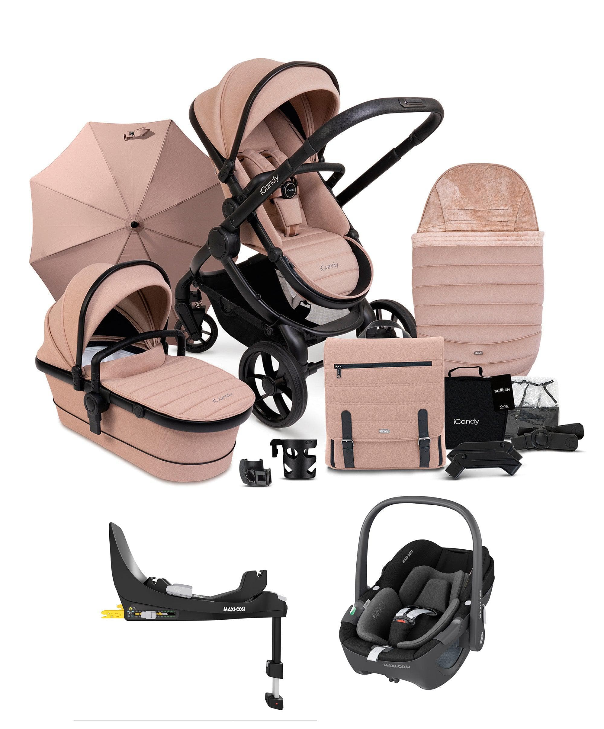 iCandy Peach 7 Complete Pushchair Bundle in Cookie with Maxi-Cosi Pebble 360 Car Seat & Base - Cooki