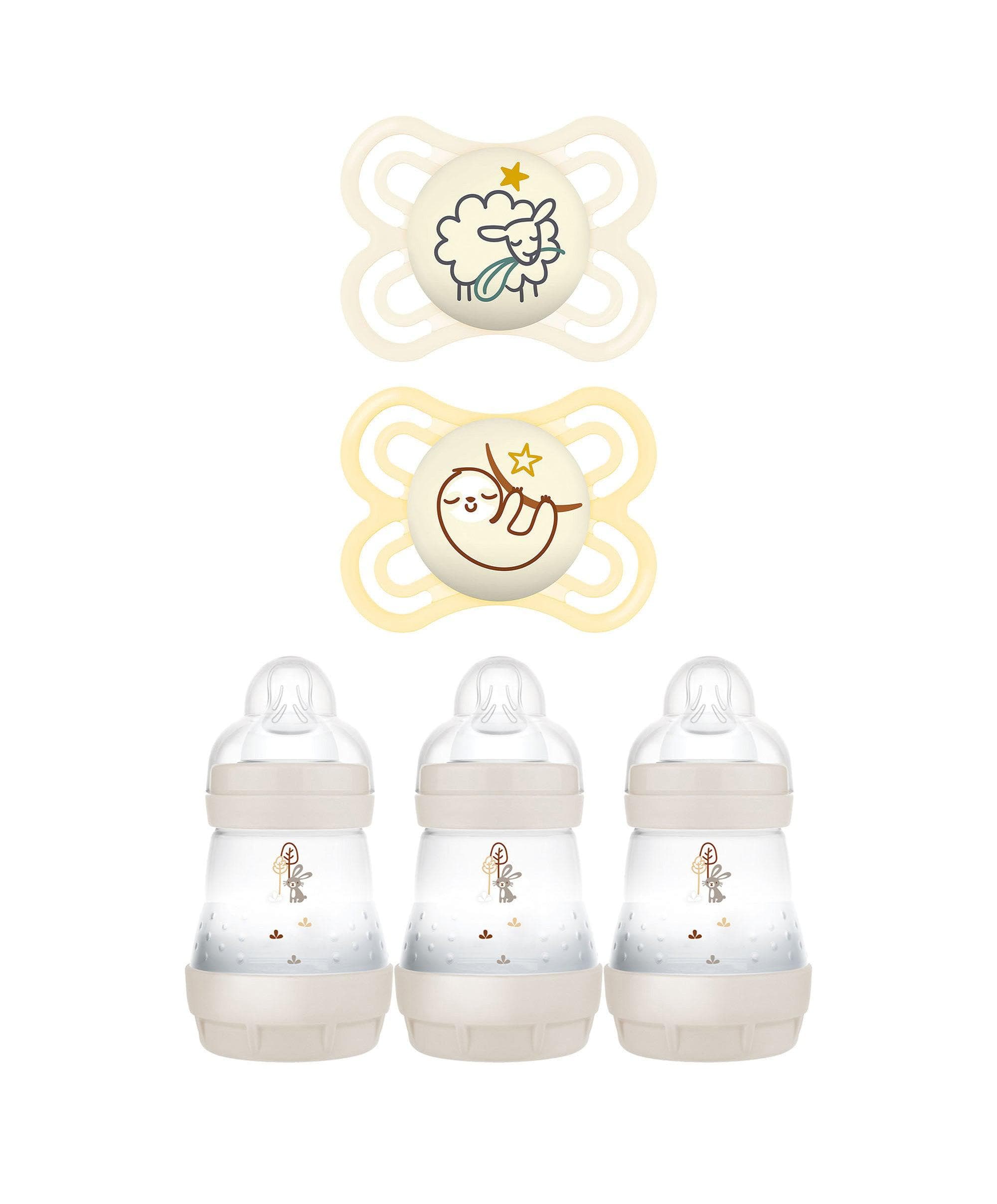 MAM Perfect Night Soothers 0m+ with Taupe 160ml Bottle Set