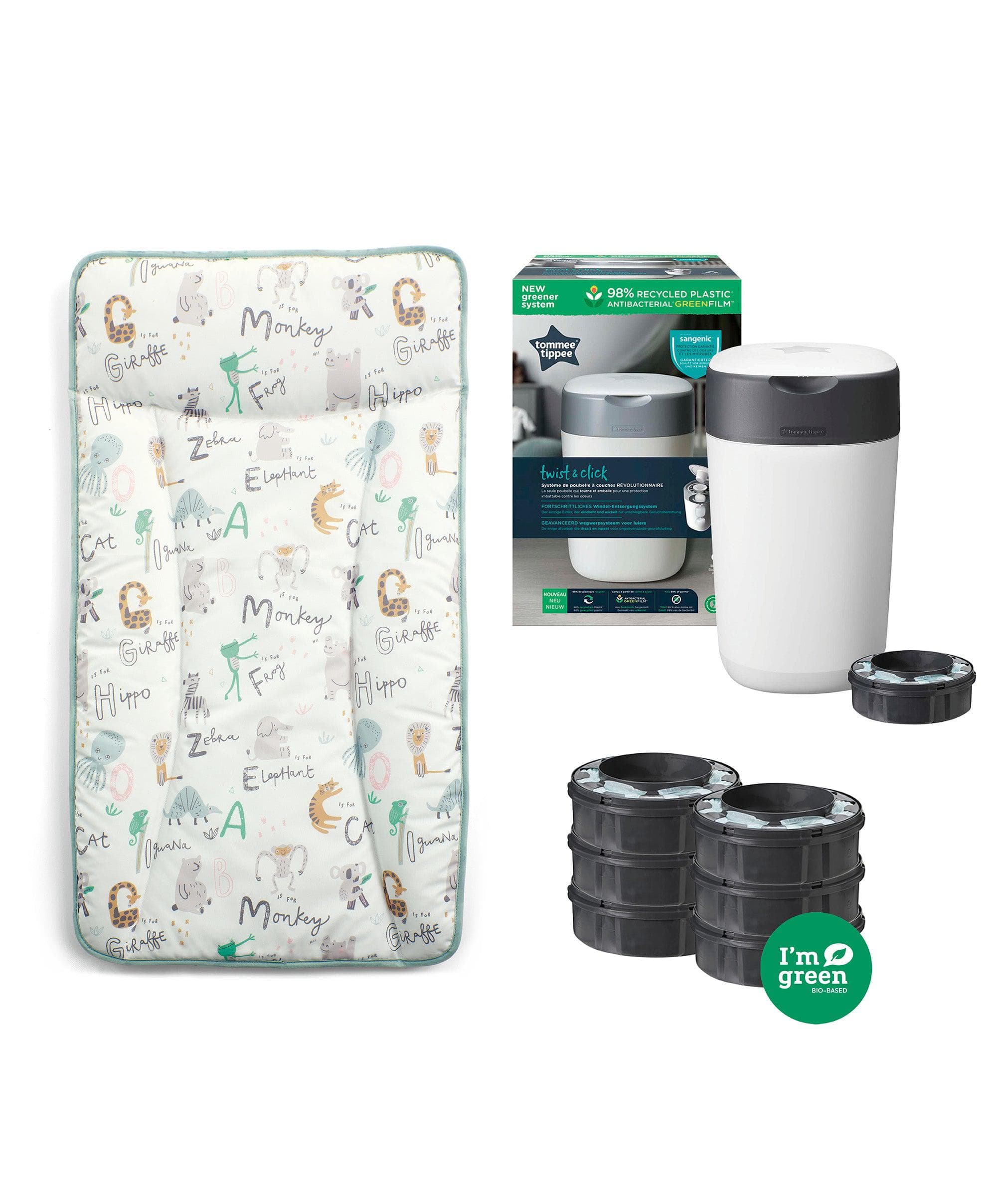 Animal Alphabet Changing Mat Bundle with Tommee Tippee Nappy Bin & Cassettes