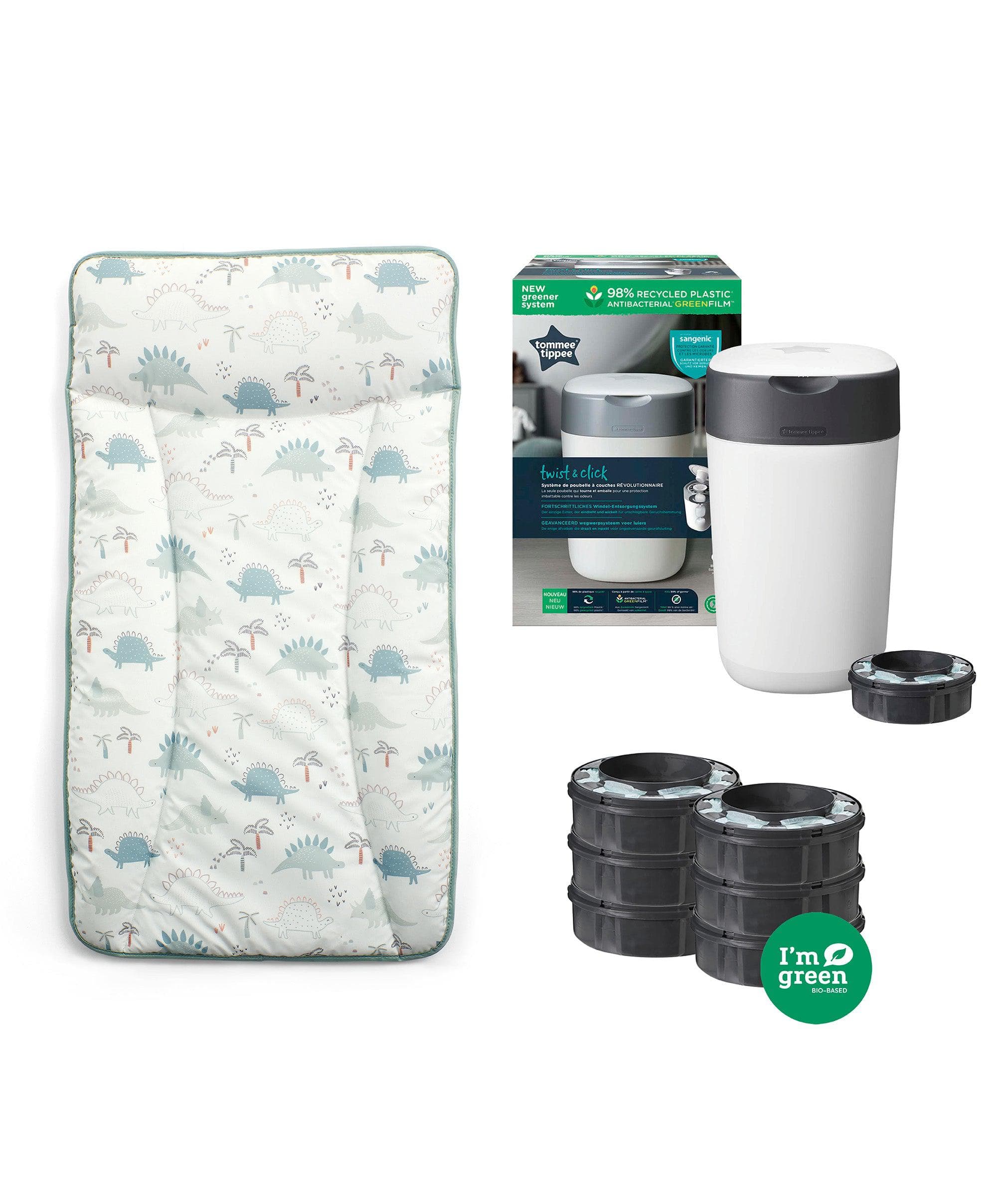 Dino Changing Mat Bundle with Tommee Tippee Nappy Bin & Cassettes