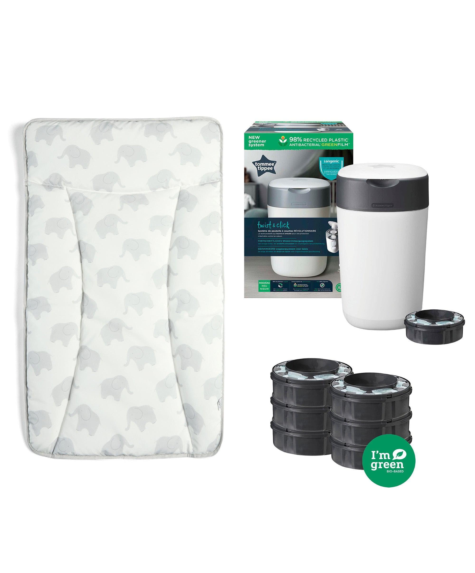 Elephant Family Changing Mat Bundle with Tommee Tippee Nappy Bin & Cassettes