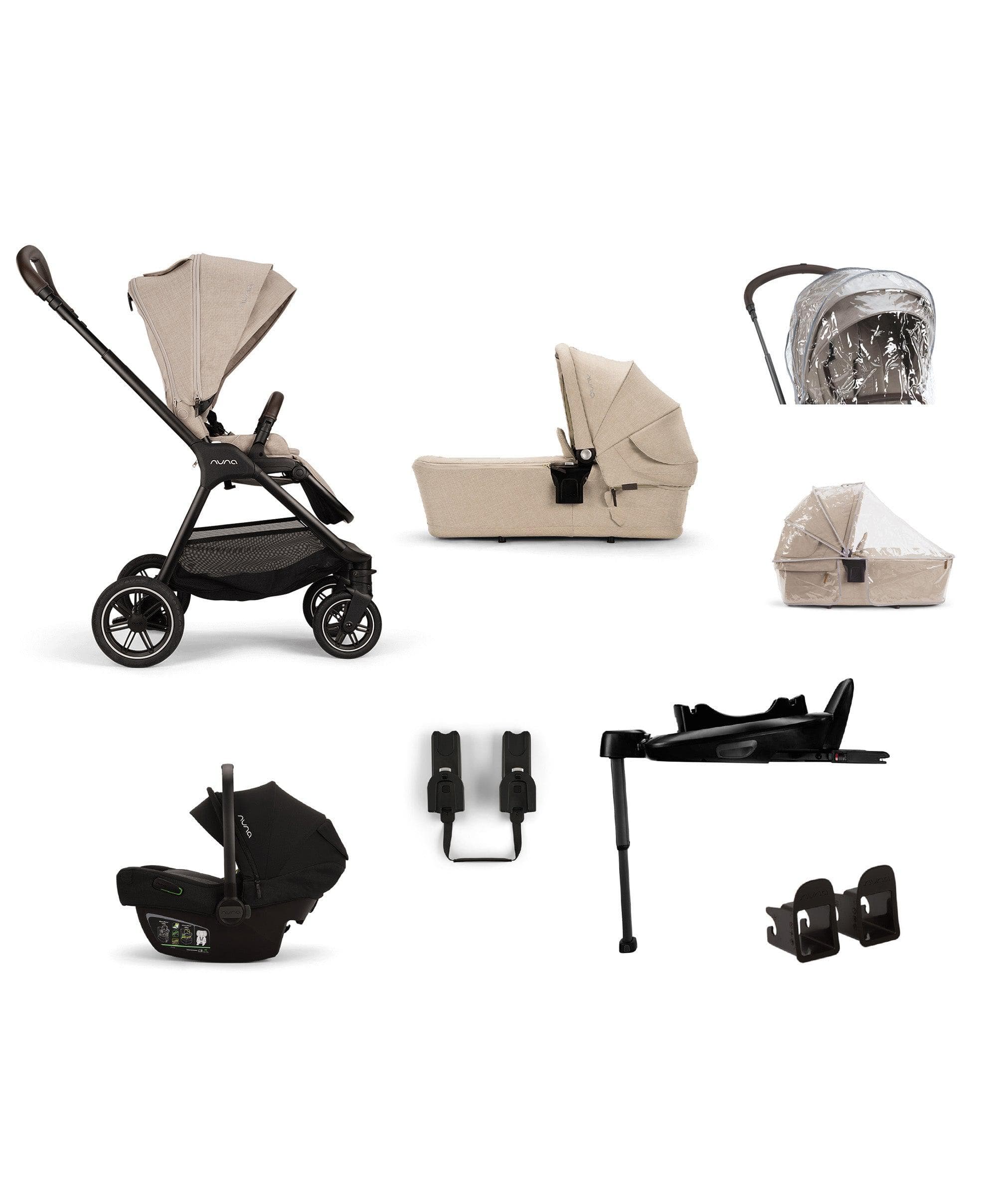 Nuna Triv Next Pushchair 4 Piece Travel Bundle with PIPA Next Car Seat & Base - Biscotti