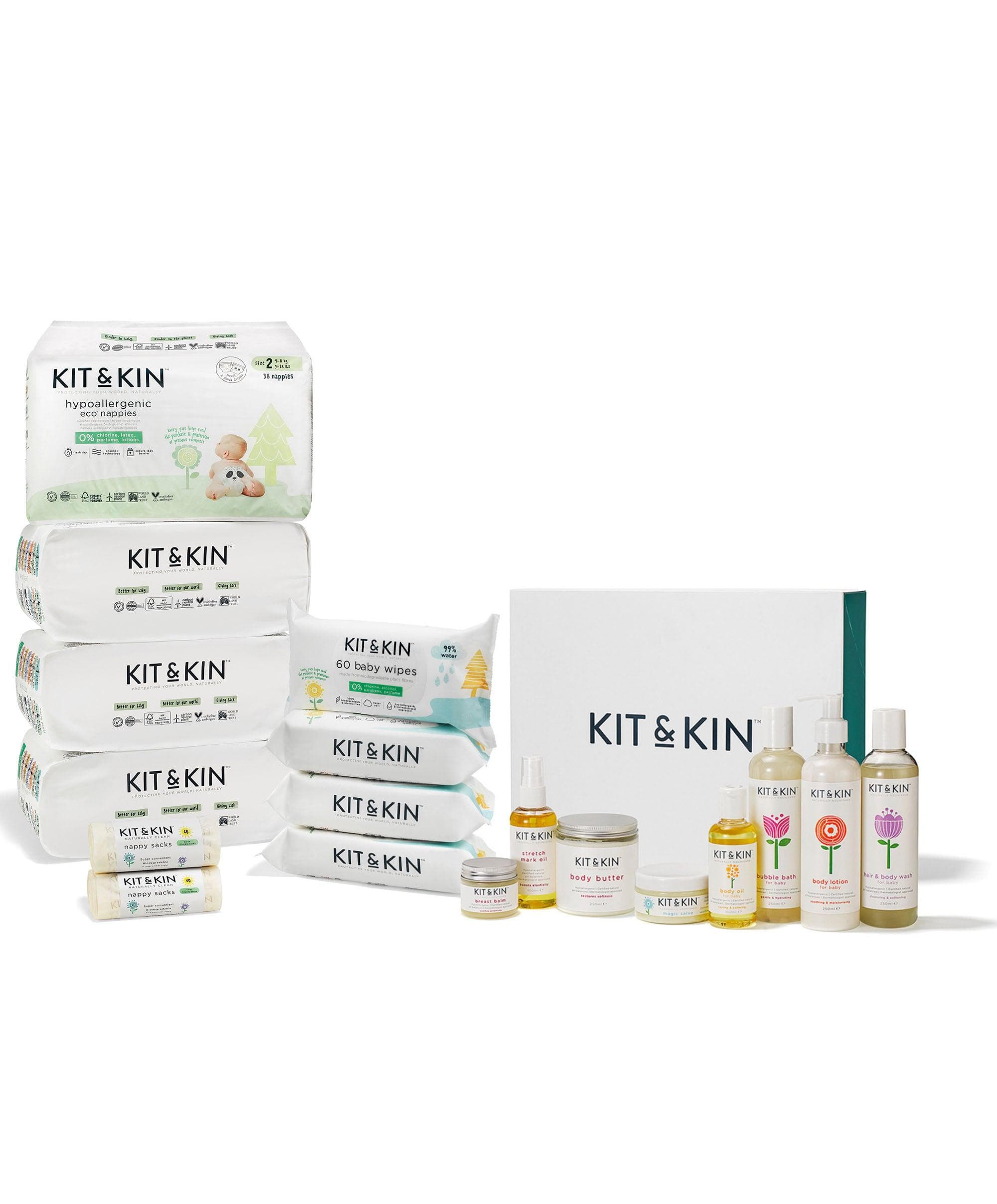 Kit & Kin Natural Skincare Starter Pack with Size 2 Eco Nappies