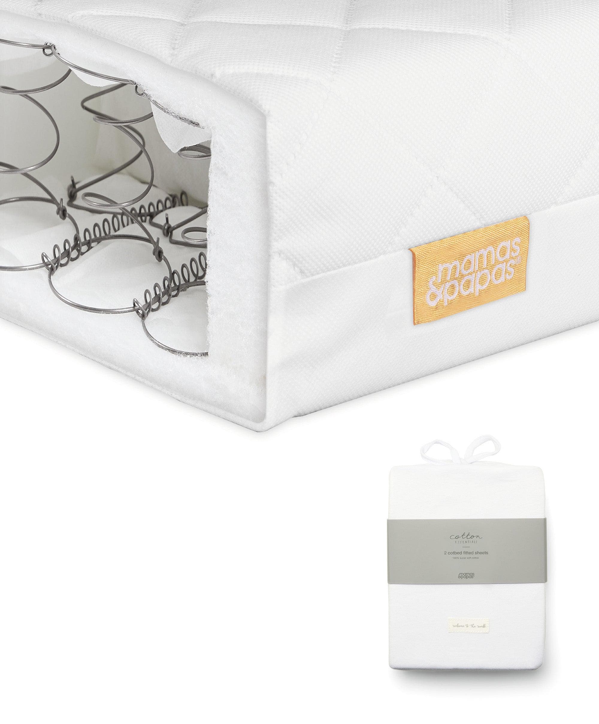 Essential Spring Cotbed Mattress & Cotbed Fitted Sheets (Pack of 2) Bundle