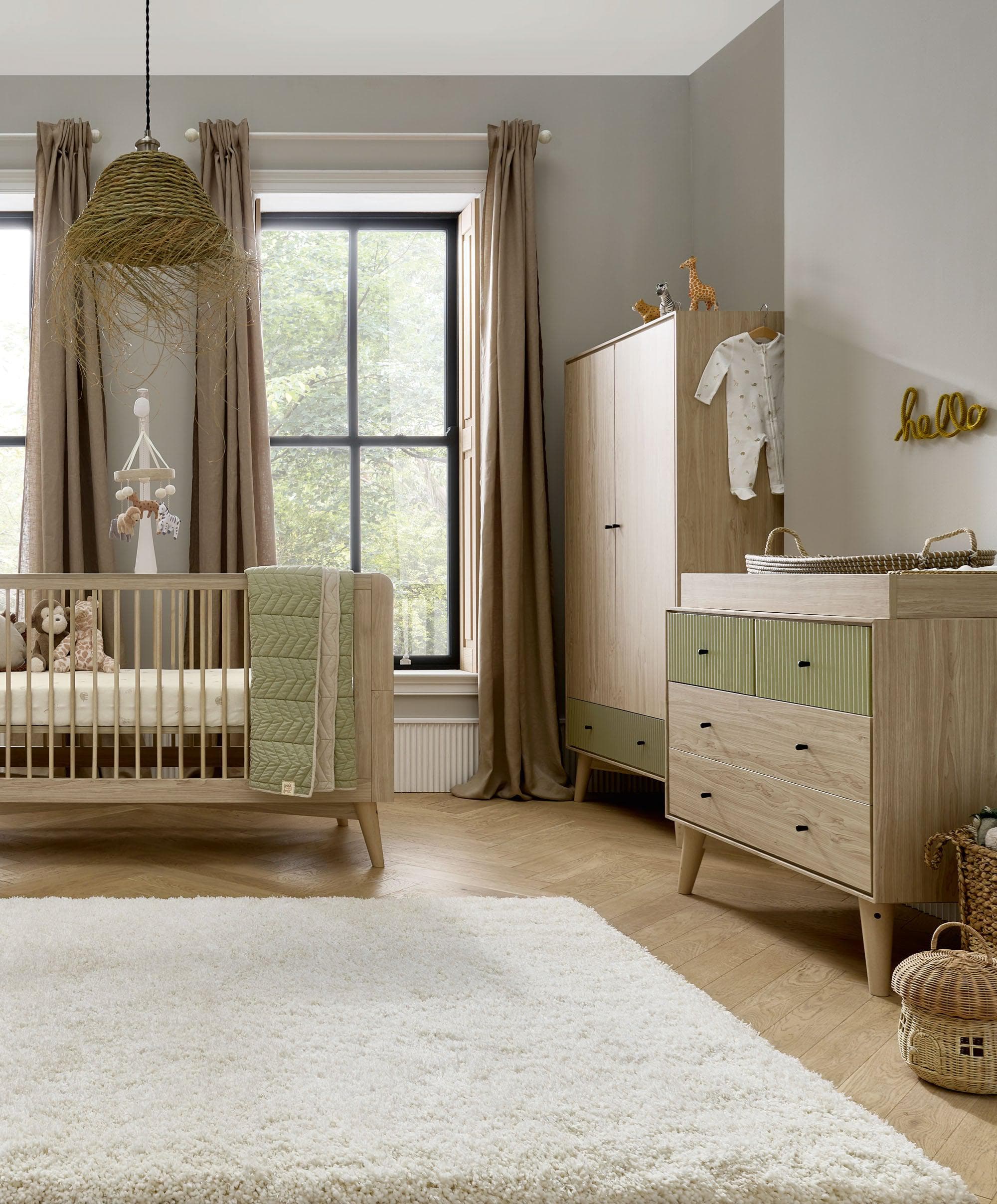 Coxley 3 Piece Cotbed Range with Dresser Changer & Wardrobe - Natural/Olive Green