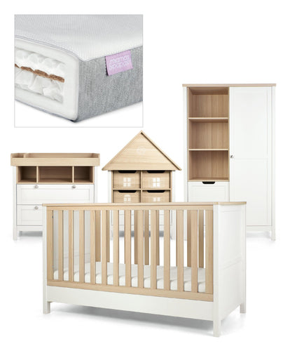 Mamas & Papas Furniture Sets Harwell Cotbed Range with Dresser Changer, Wardrobe, Nursery Storage Unit & Luxury Twin Spring Mattress - White/Natural