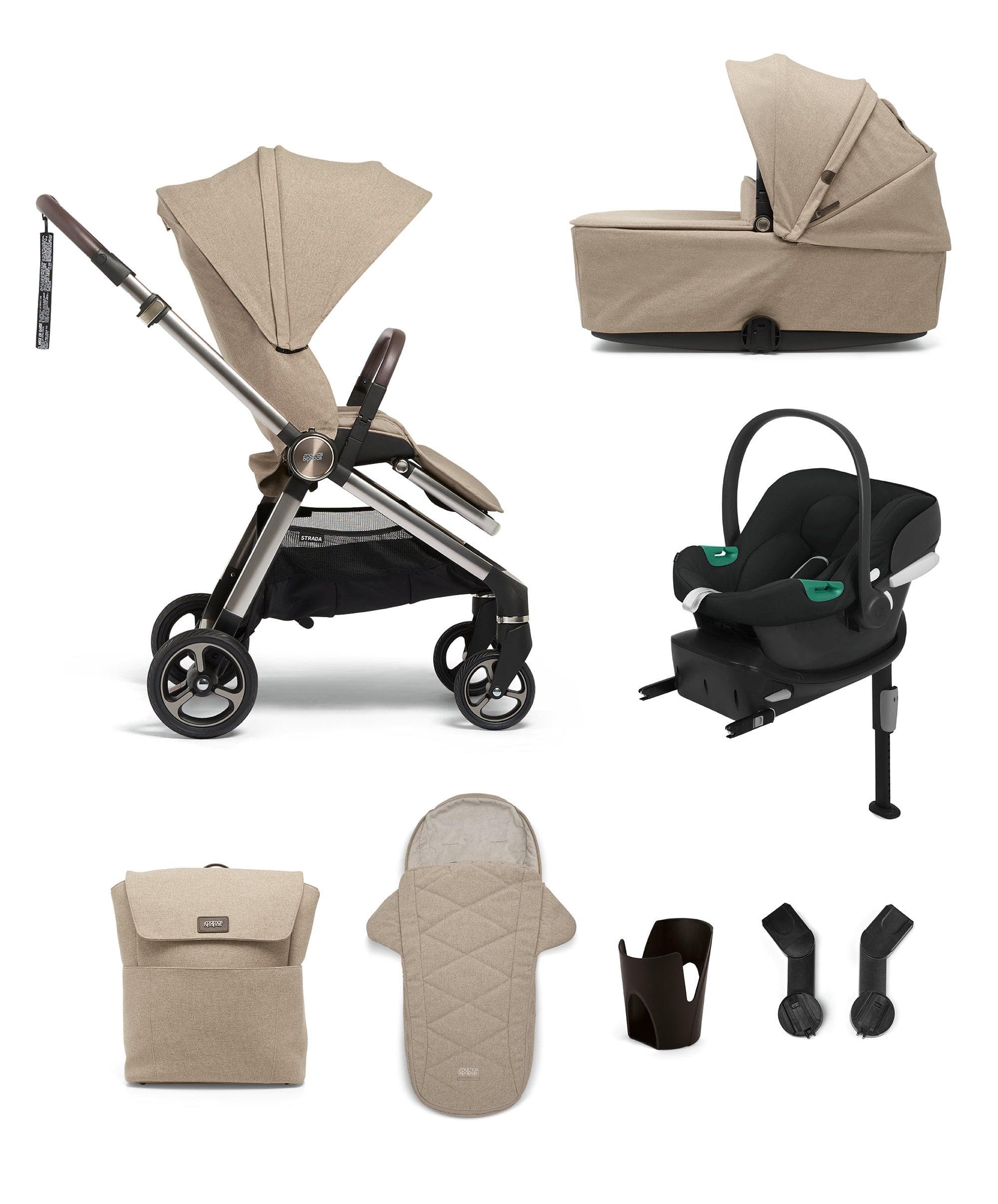 Strada Pushchair Bundle with Aton B2 Car Seat & Base (7 Pieces) - Pebble