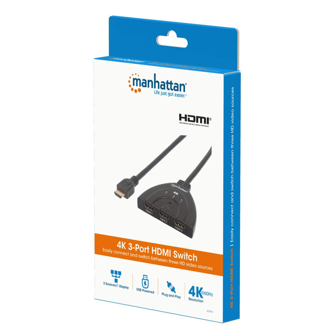 Master Distributor de las marcas MANHATTAN e INTELLINET. Video Splitter HDMI  4k@30Hz, 1 in:2 out, AC Manhattan 207669