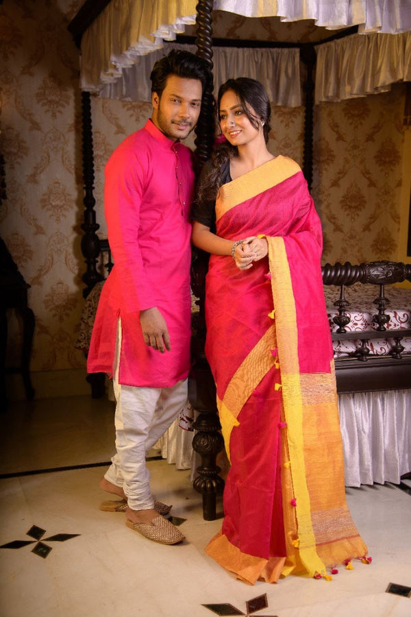 Dheu Exclusive Lotus Fusion Couple Set(without Dhoti) | Set saree, Saree  blouse designs latest, Matching couple outfits