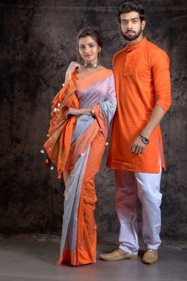 ORANGE LOVE - HANDLOOM PURE COTTON SAREE-KURTA COUPLE SET – Kuala Collection