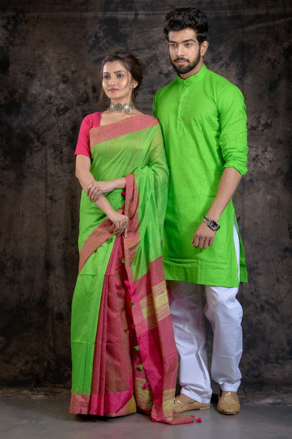 Couple Set (Yellow and Red) | Saree and Kurta Set | Craftmart