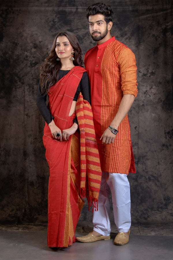 Gold Cream Couple Dress Dobby Print Silk Saree and kurta pyjama – Archittam  Fashion