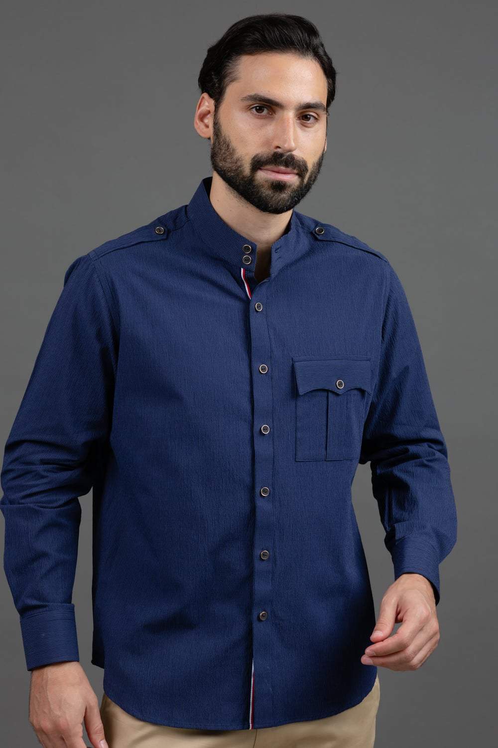 Blue Heavy Crepe Embroidered Shirt