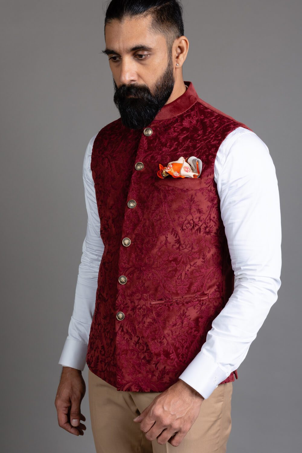 Velvet Nehru Jacket - Burgundy