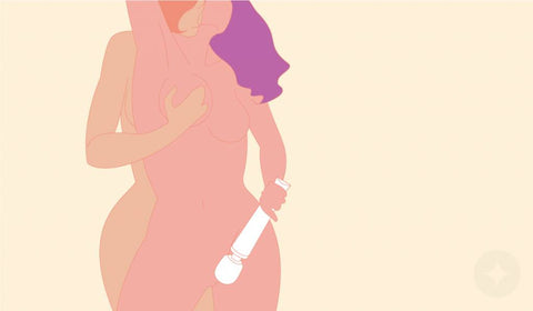 Animated couple in a sensual embrace using a wand or personal massager for pleasure.